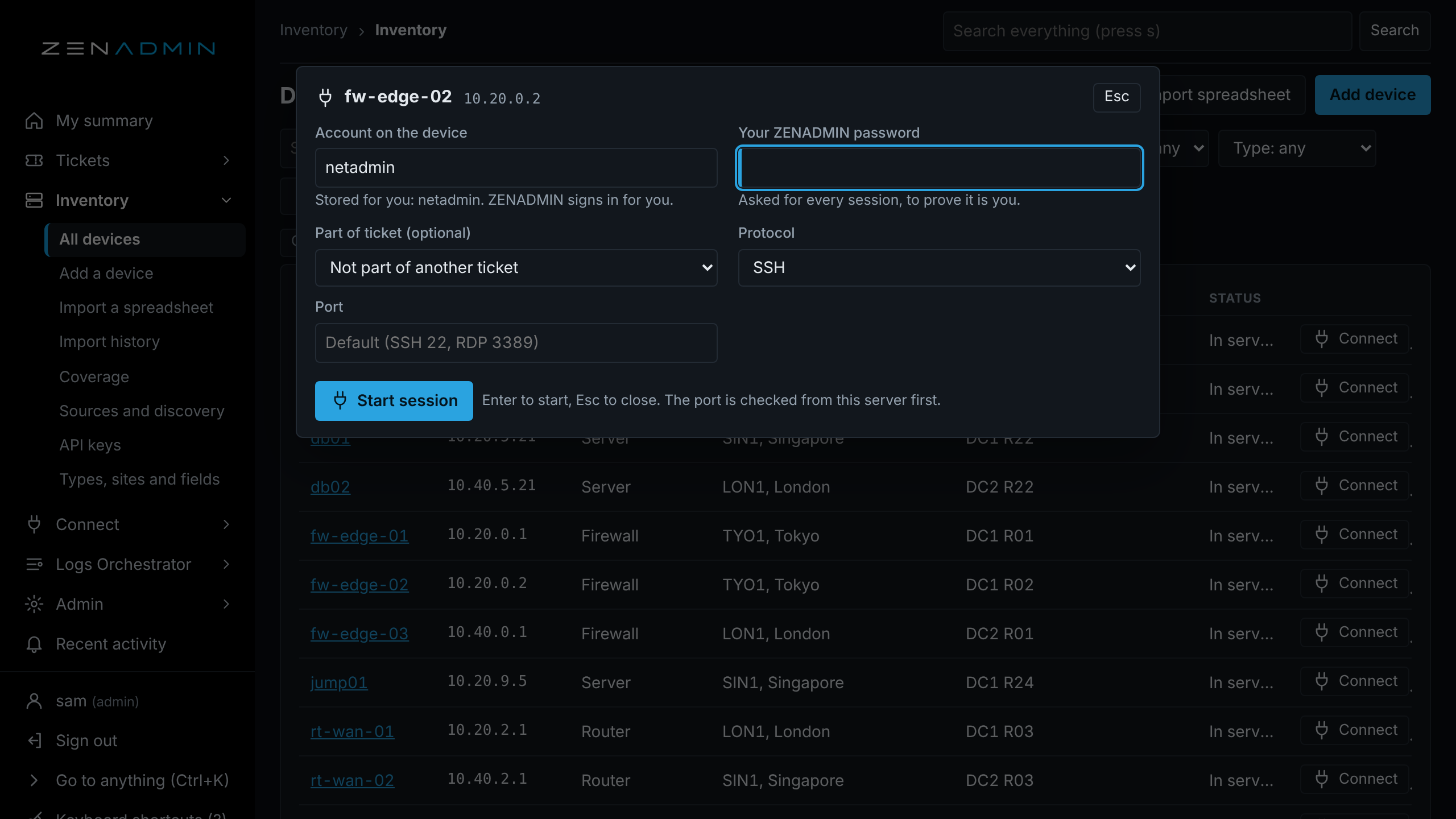 Connect box open over the device list, with the stored account filled in and the cursor in the password field