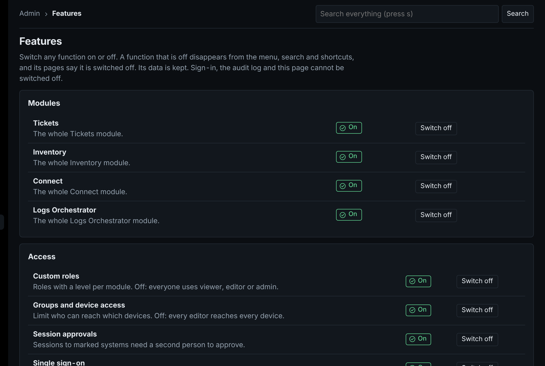 Features page with on and off switches for modules and access functions