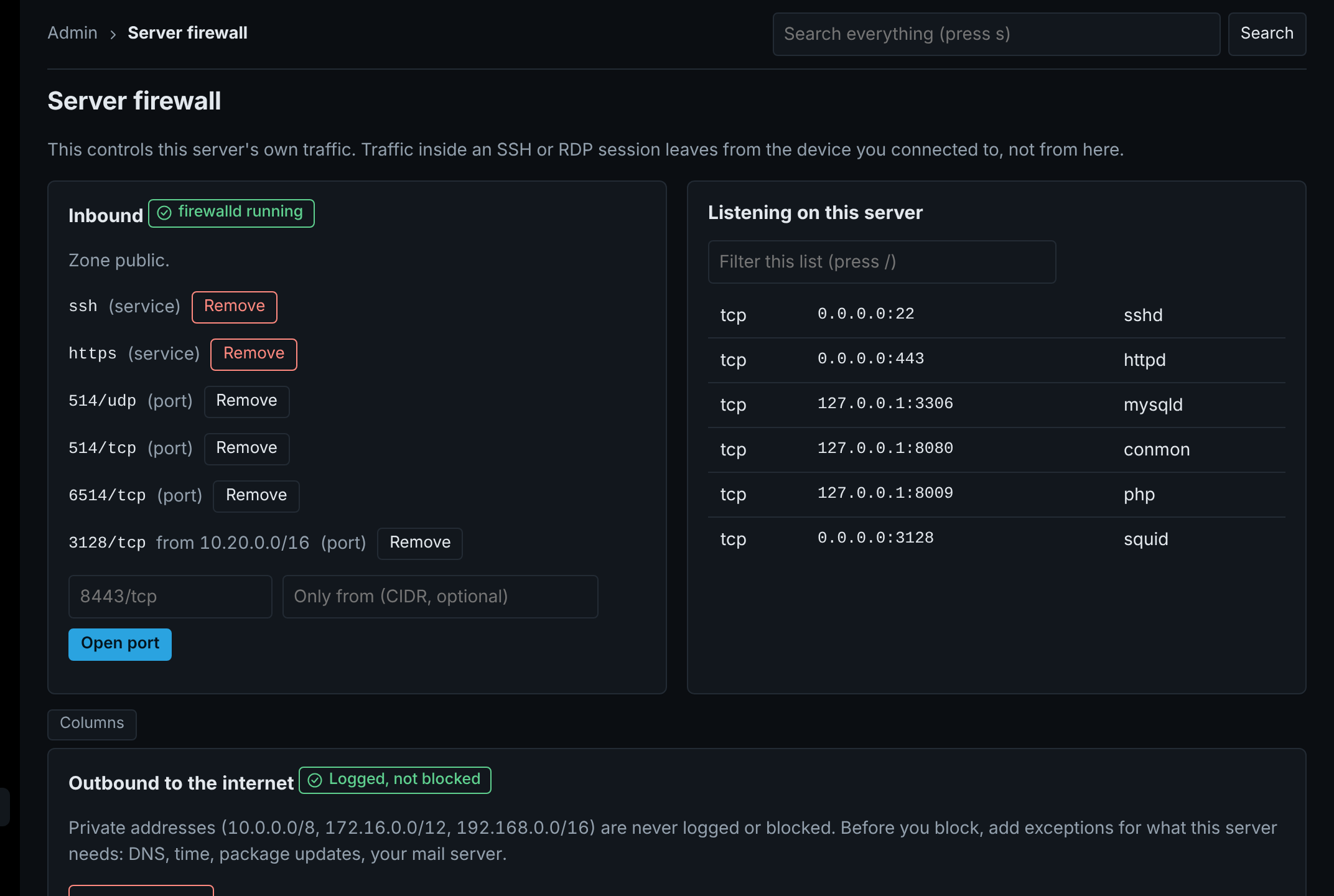 Server firewall page with inbound rules, listening services and outbound logging