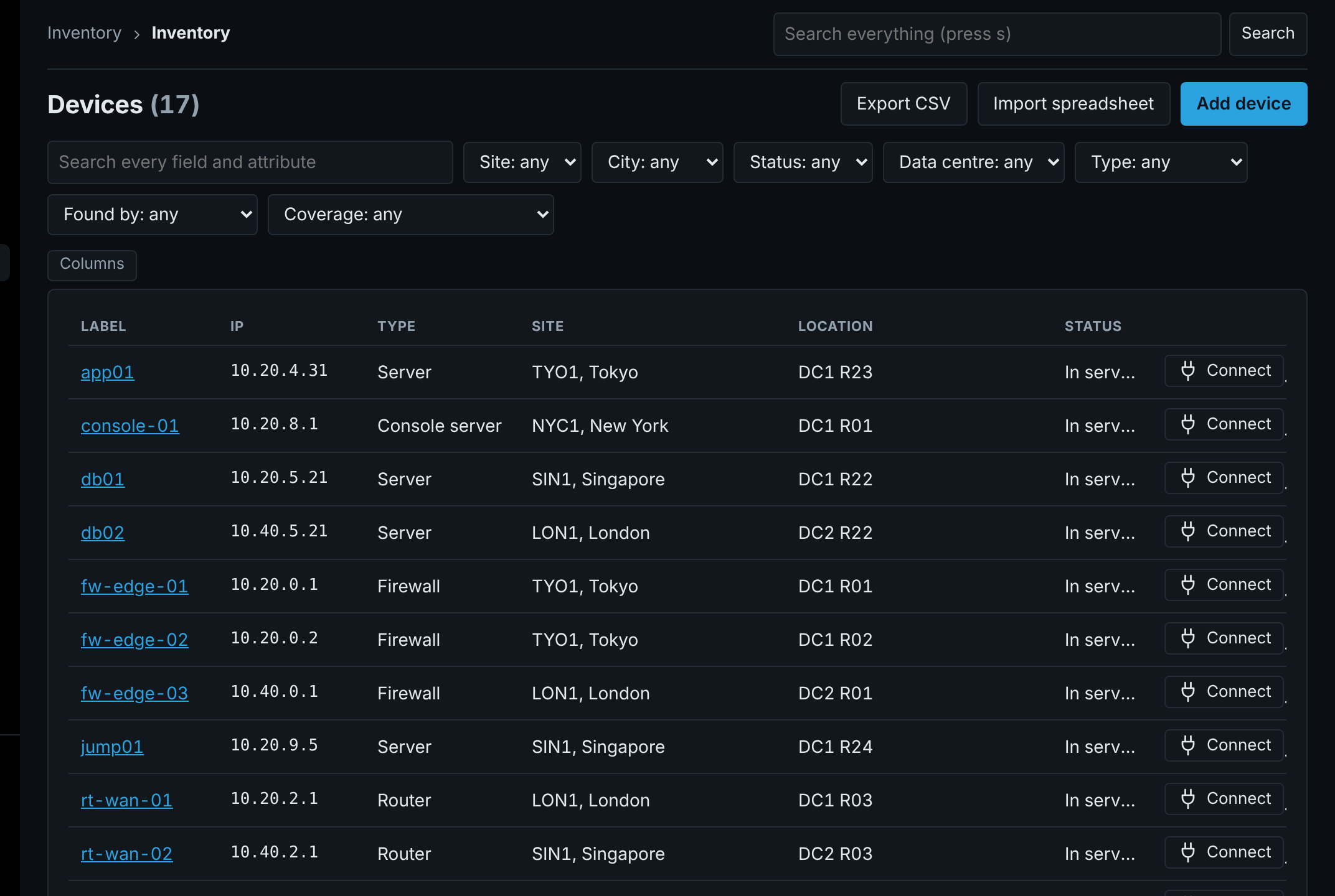 Device list with filters and a Connect button on each row