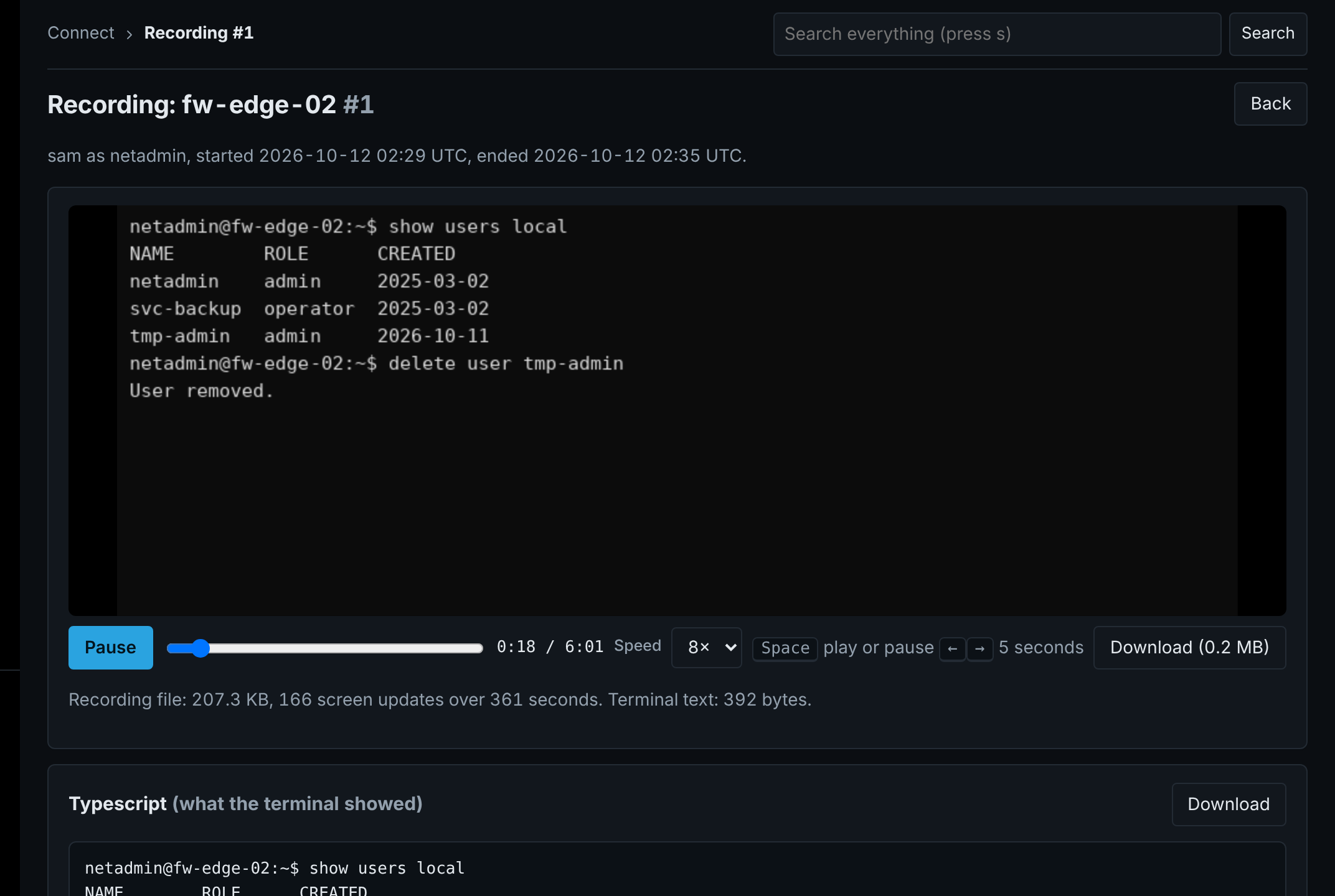 Recording player playing back a session, with its size, screen updates and length