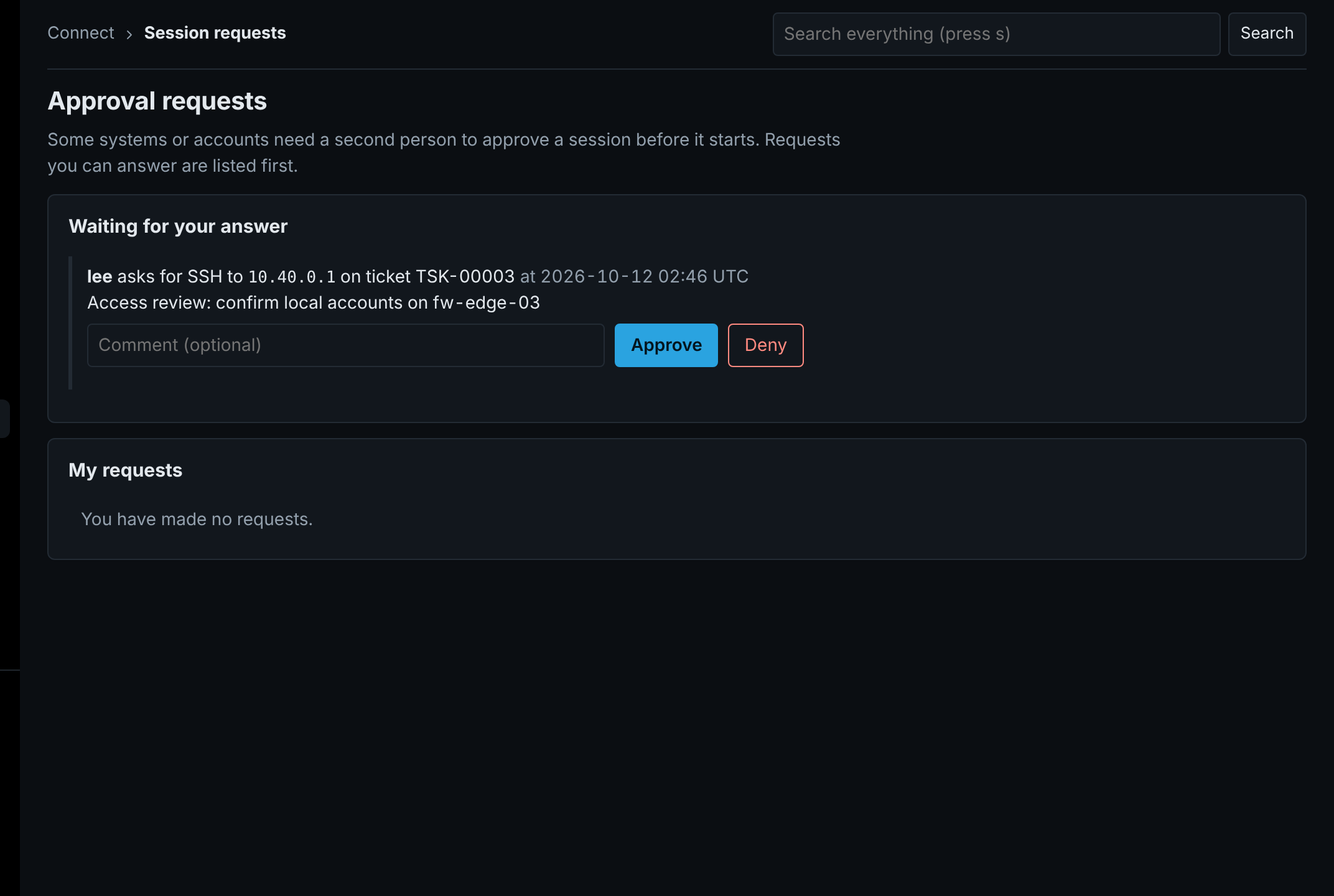 Approval requests page with one request waiting, a comment box and Approve and Deny buttons