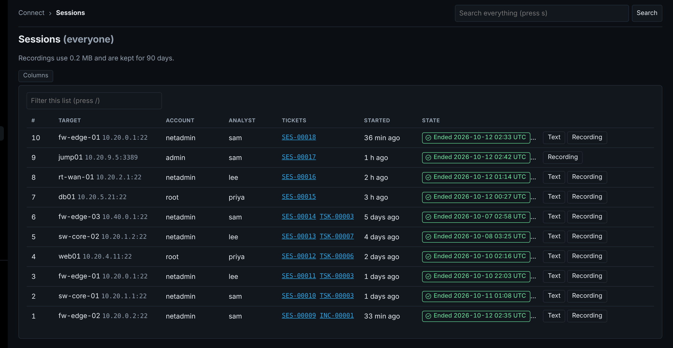 Sessions list with account, analyst, linked tickets, state and Text and Recording buttons
