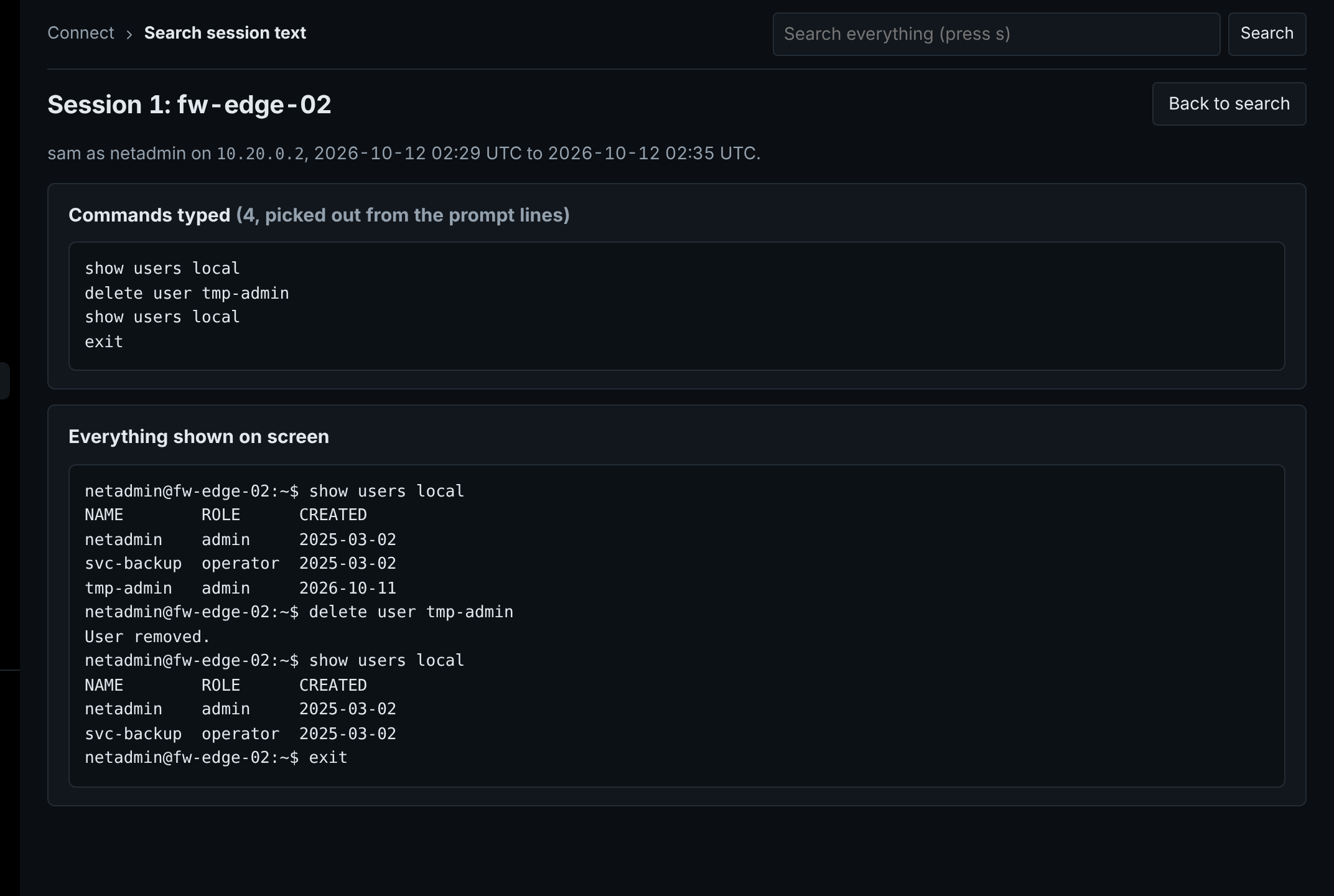 Session text page with the commands typed and everything shown on screen