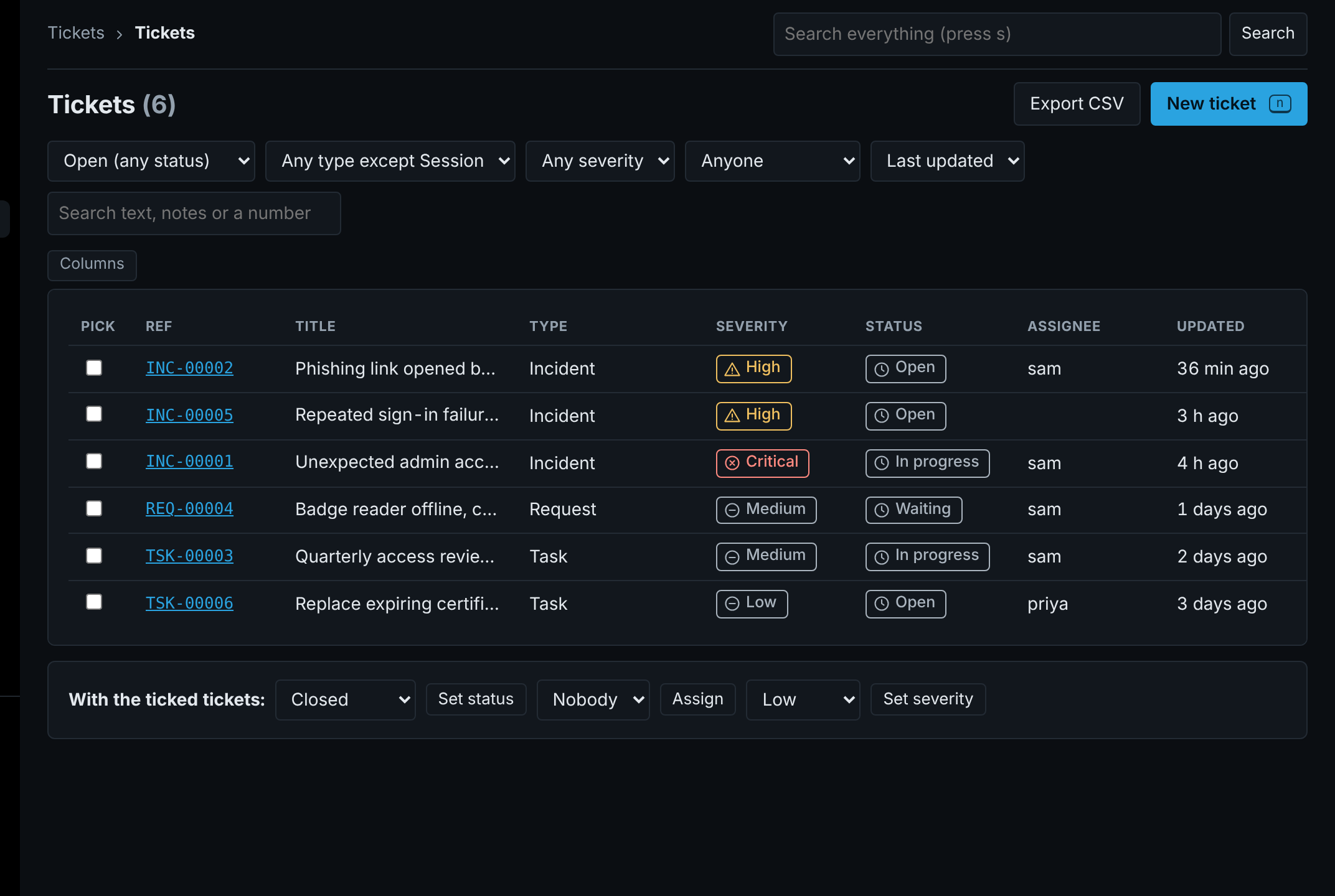 Ticket list with type, severity, status, assignee, bulk actions and Export CSV