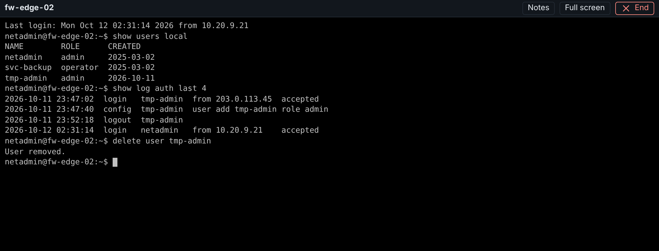Session window with a thin bar and a terminal session on fw-edge-02